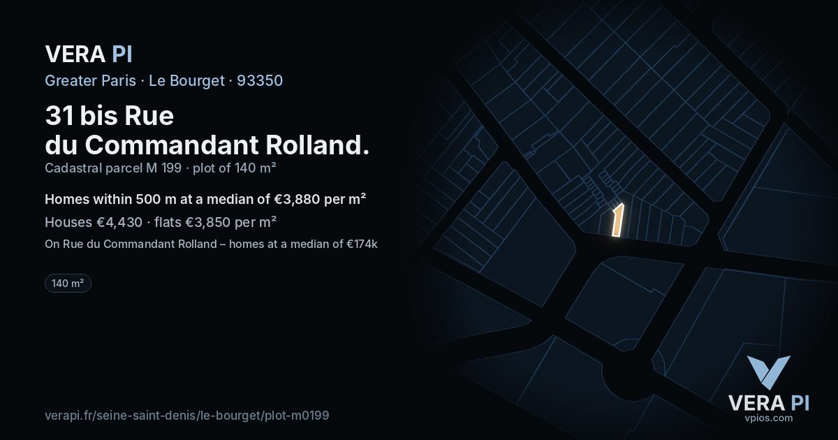31 bis Rue du Commandant Rolland, Le Bourget at night – the plot lit, the parcels around coloured by the prices near them