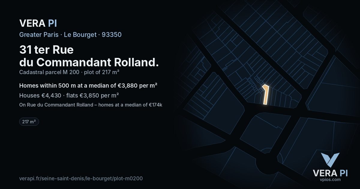 31 ter Rue du Commandant Rolland, Le Bourget at night – the plot lit, the parcels around coloured by the prices near them