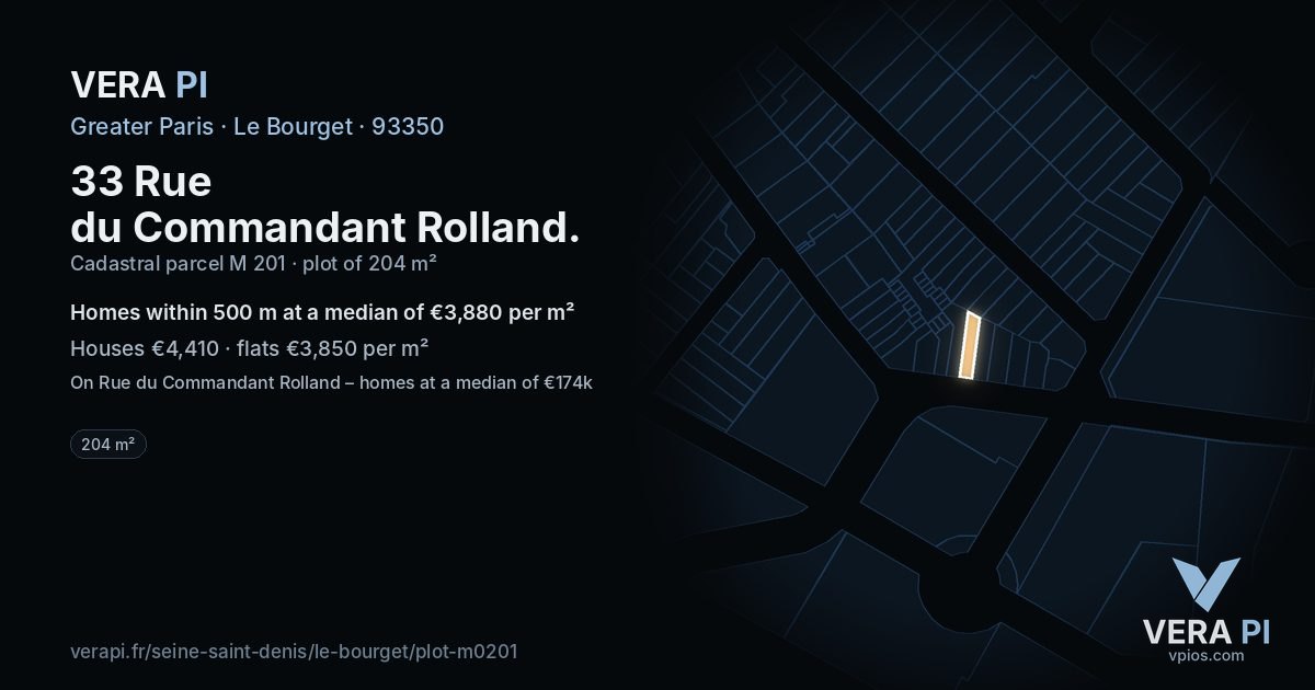 33 Rue du Commandant Rolland, Le Bourget at night – the plot lit, the parcels around coloured by the prices near them