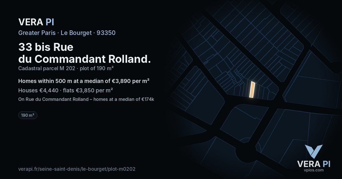 33 bis Rue du Commandant Rolland, Le Bourget at night – the plot lit, the parcels around coloured by the prices near them