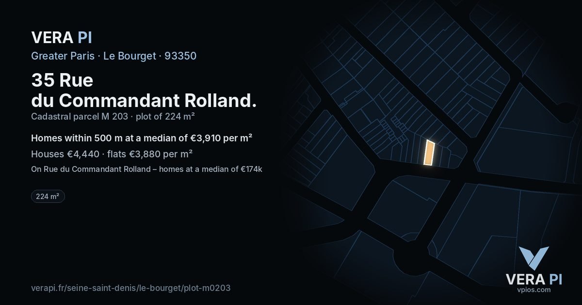 35 Rue du Commandant Rolland, Le Bourget at night – the plot lit, the parcels around coloured by the prices near them
