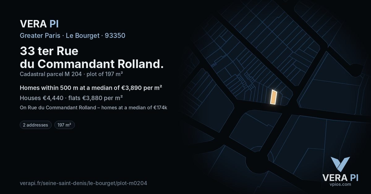 33 ter Rue du Commandant Rolland, Le Bourget at night – the plot lit, the parcels around coloured by the prices near them