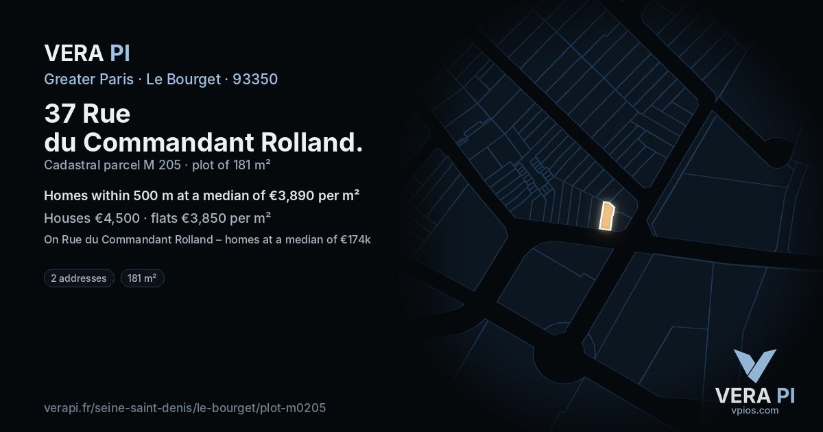 37 Rue du Commandant Rolland, Le Bourget at night – the plot lit, the parcels around coloured by the prices near them