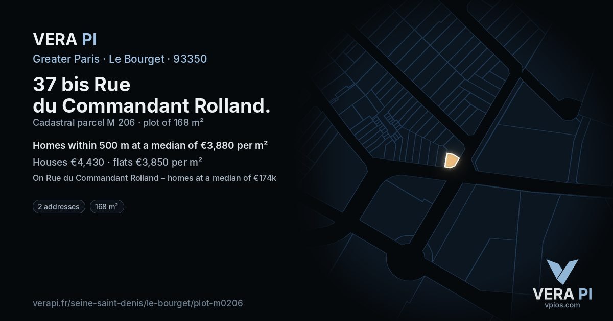 37 bis Rue du Commandant Rolland, Le Bourget at night – the plot lit, the parcels around coloured by the prices near them