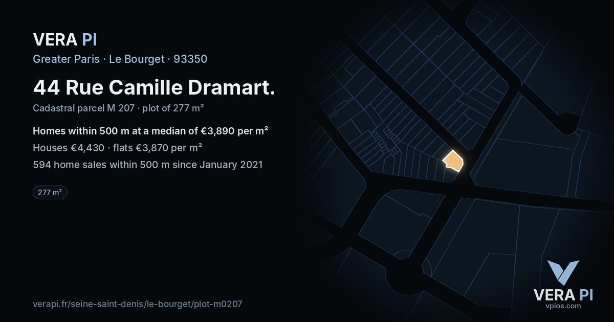 44 Rue Camille Dramart, Le Bourget at night – the plot lit, the parcels around coloured by the prices near them