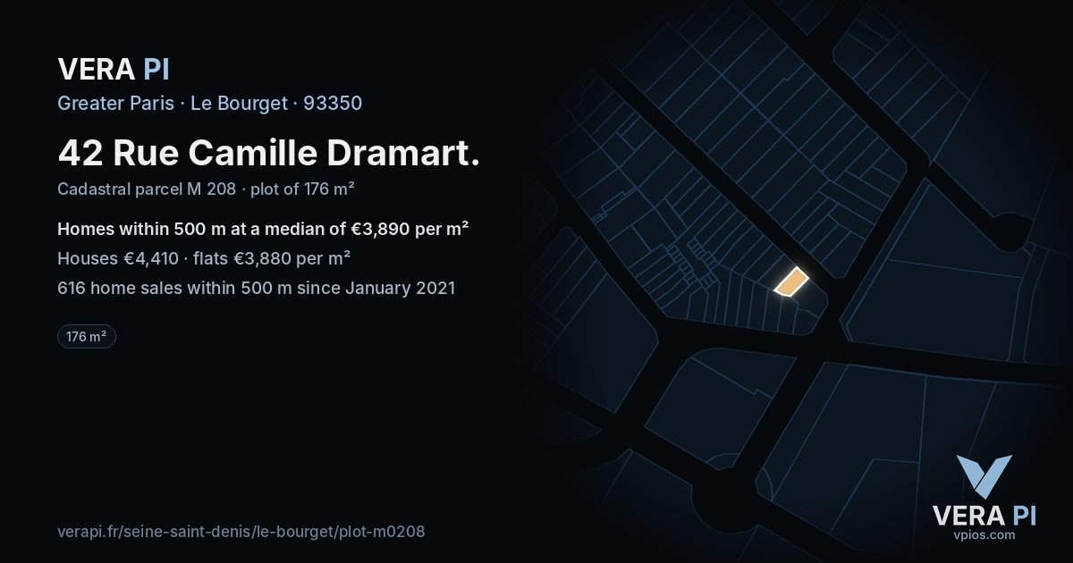 42 Rue Camille Dramart, Le Bourget at night – the plot lit, the parcels around coloured by the prices near them