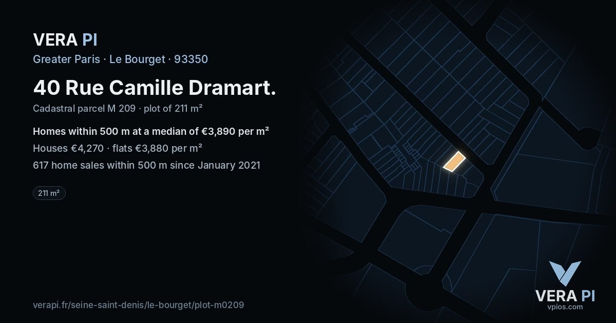 40 Rue Camille Dramart, Le Bourget at night – the plot lit, the parcels around coloured by the prices near them