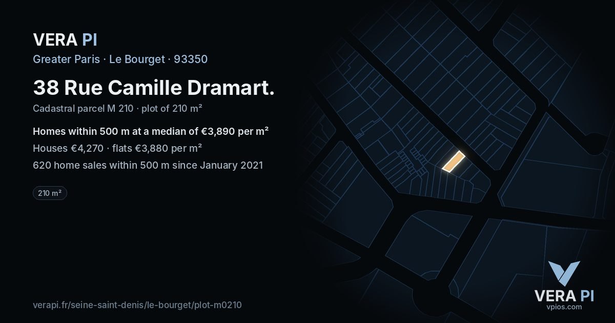38 Rue Camille Dramart, Le Bourget at night – the plot lit, the parcels around coloured by the prices near them