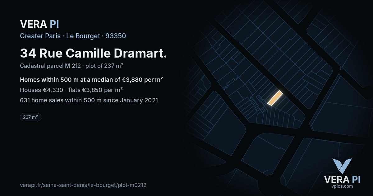 34 Rue Camille Dramart, Le Bourget at night – the plot lit, the parcels around coloured by the prices near them