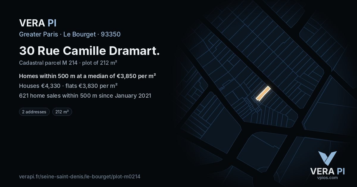 30 Rue Camille Dramart, Le Bourget at night – the plot lit, the parcels around coloured by the prices near them