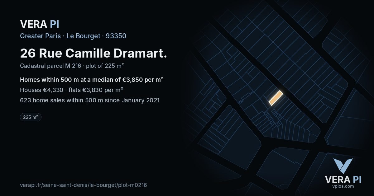 26 Rue Camille Dramart, Le Bourget at night – the plot lit, the parcels around coloured by the prices near them