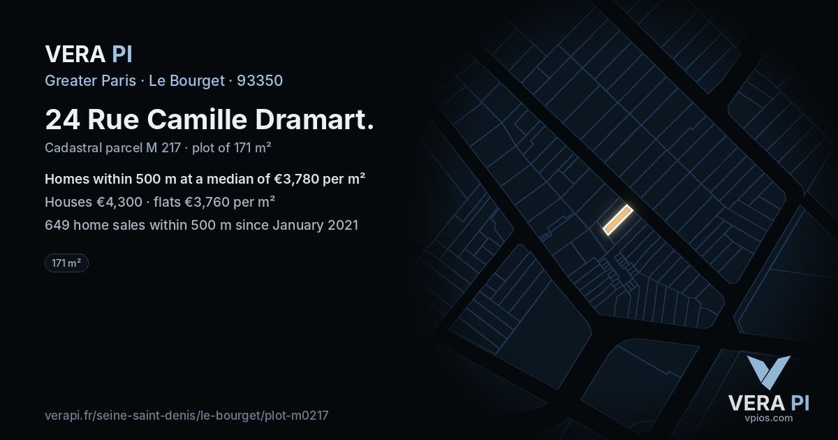 24 Rue Camille Dramart, Le Bourget at night – the plot lit, the parcels around coloured by the prices near them