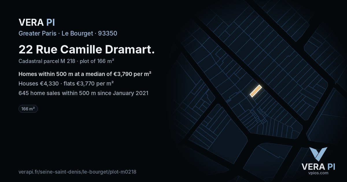 22 Rue Camille Dramart, Le Bourget at night – the plot lit, the parcels around coloured by the prices near them