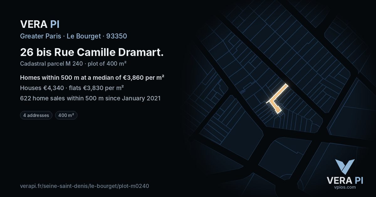 26 bis Rue Camille Dramart, Le Bourget at night – the plot lit, the parcels around coloured by the prices near them