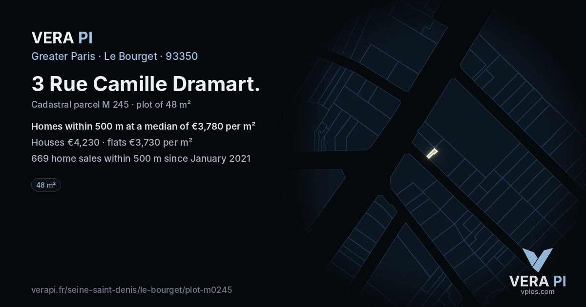 3 Rue Camille Dramart, Le Bourget at night – the plot lit, the parcels around coloured by the prices near them