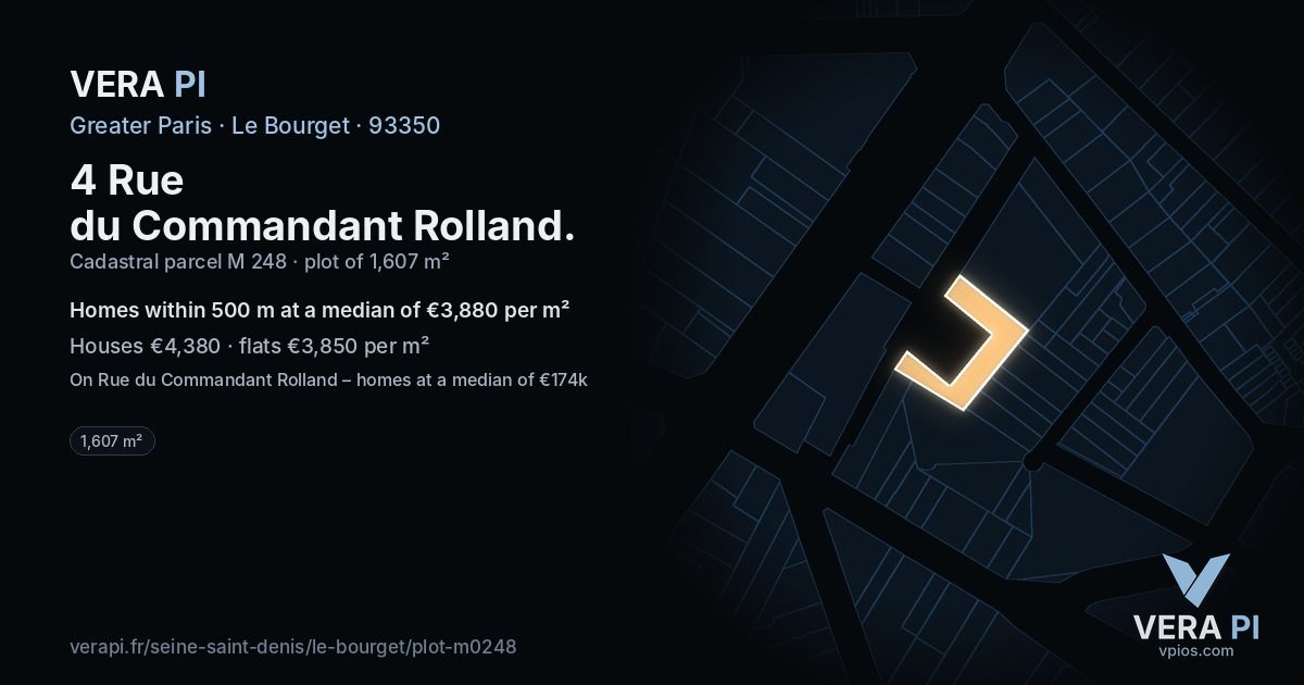 4 Rue du Commandant Rolland, Le Bourget at night – the plot lit, the parcels around coloured by the prices near them