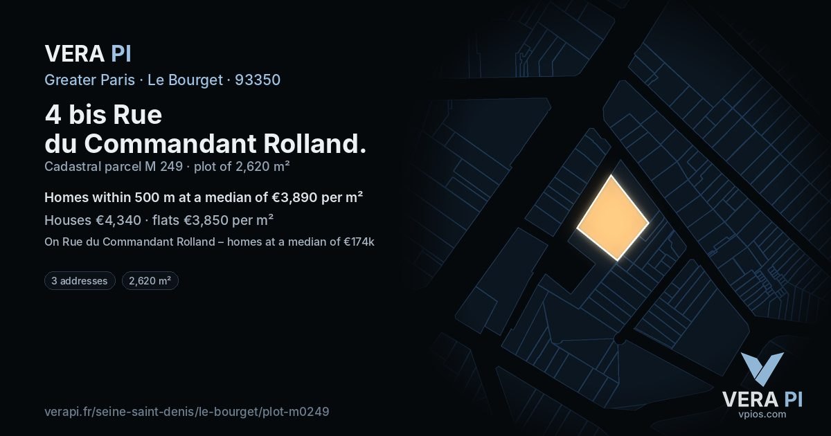4 bis Rue du Commandant Rolland, Le Bourget at night – the plot lit, the parcels around coloured by the prices near them