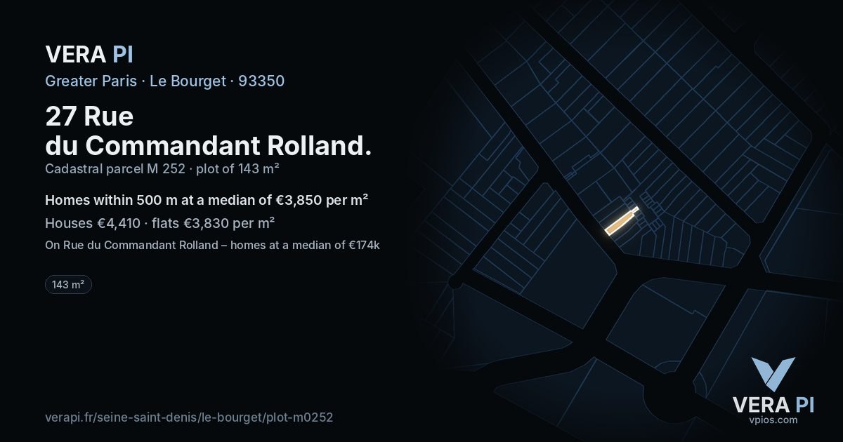 27 Rue du Commandant Rolland, Le Bourget at night – the plot lit, the parcels around coloured by the prices near them