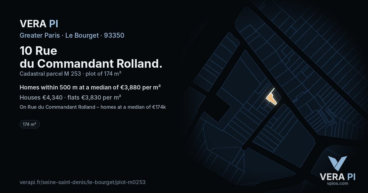10 Rue du Commandant Rolland, Le Bourget at night – the plot lit, the parcels around coloured by the prices near them