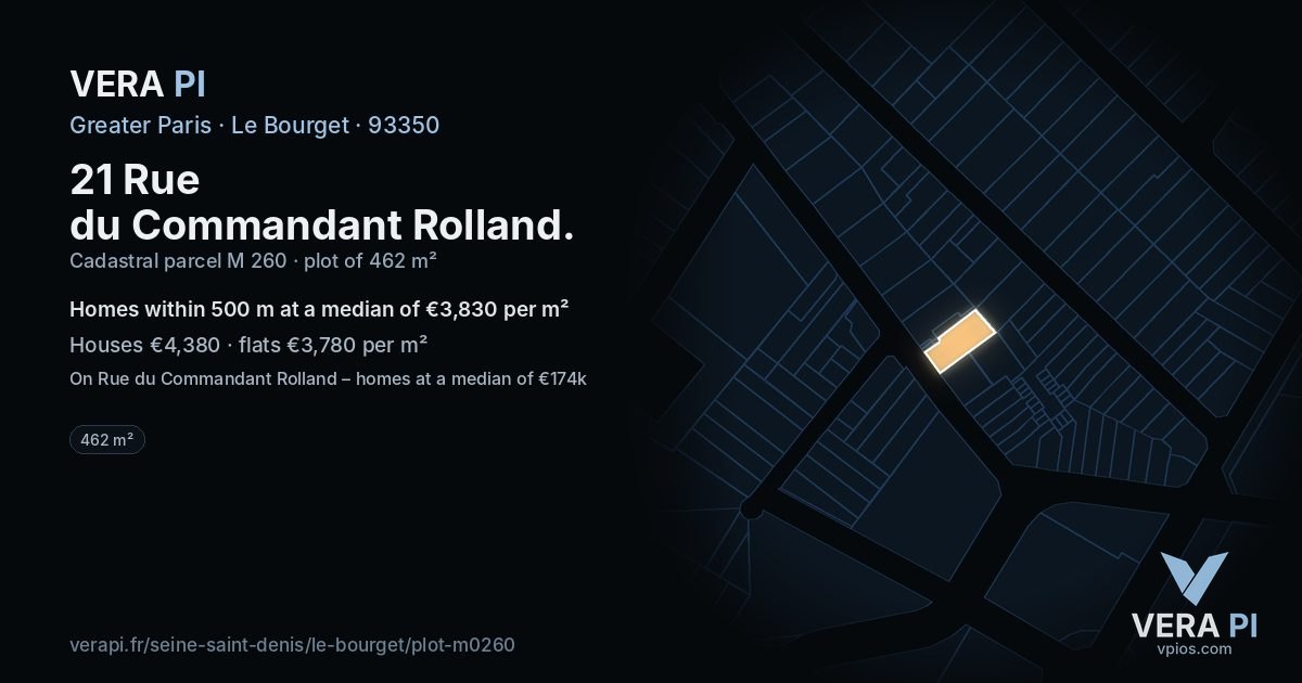21 Rue du Commandant Rolland, Le Bourget at night – the plot lit, the parcels around coloured by the prices near them