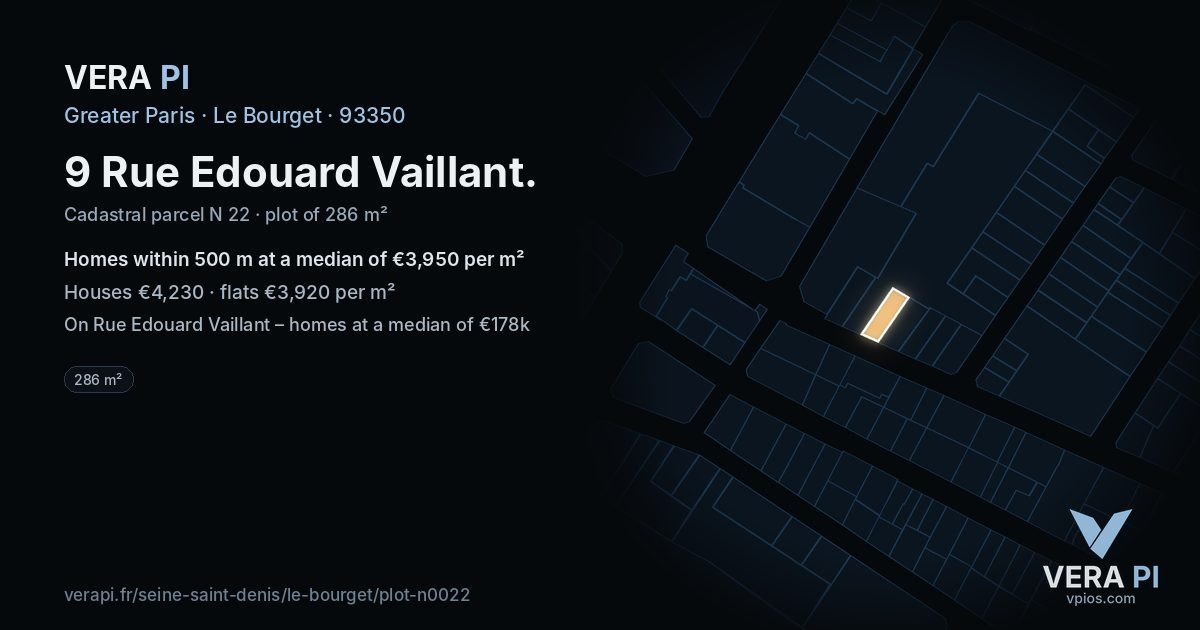 9 Rue Edouard Vaillant, Le Bourget at night – the plot lit, the parcels around coloured by the prices near them