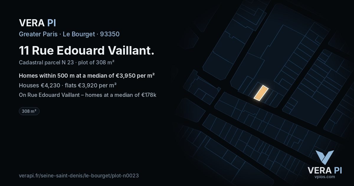 11 Rue Edouard Vaillant, Le Bourget at night – the plot lit, the parcels around coloured by the prices near them