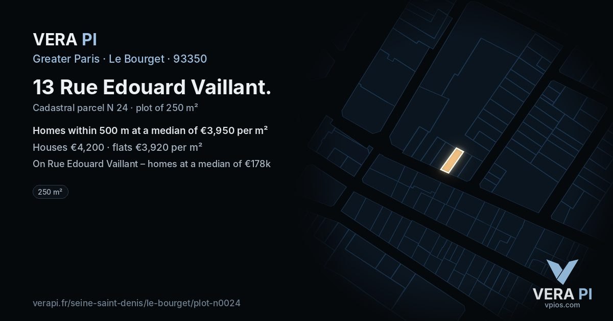 13 Rue Edouard Vaillant, Le Bourget at night – the plot lit, the parcels around coloured by the prices near them