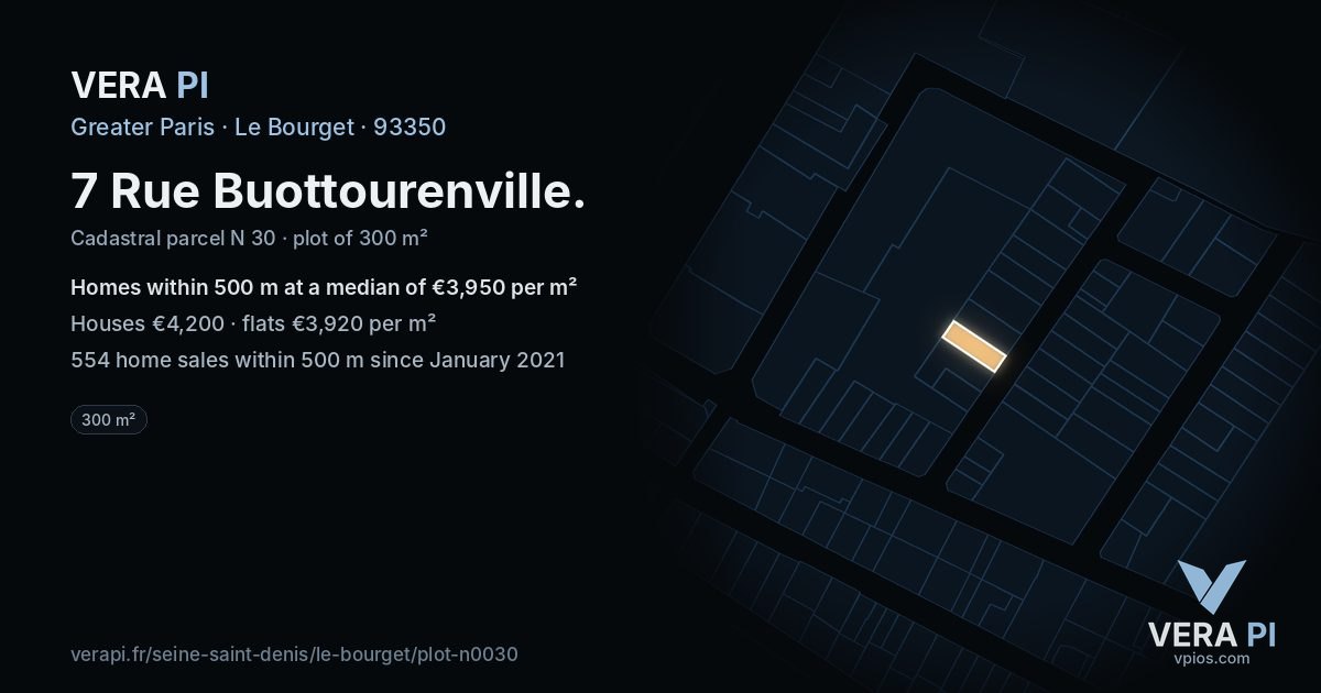 7 Rue Buottourenville, Le Bourget at night – the plot lit, the parcels around coloured by the prices near them