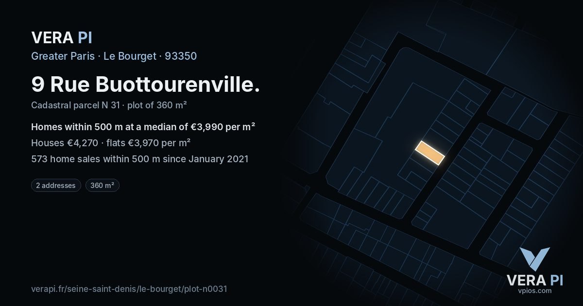 9 Rue Buottourenville, Le Bourget at night – the plot lit, the parcels around coloured by the prices near them