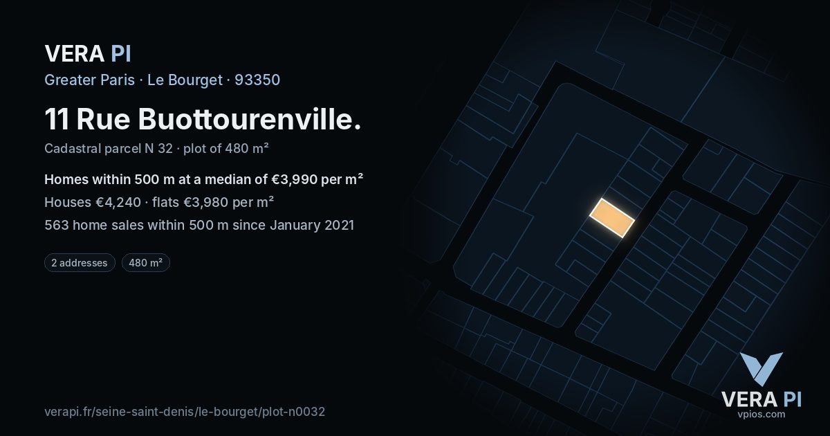 11 Rue Buottourenville, Le Bourget at night – the plot lit, the parcels around coloured by the prices near them