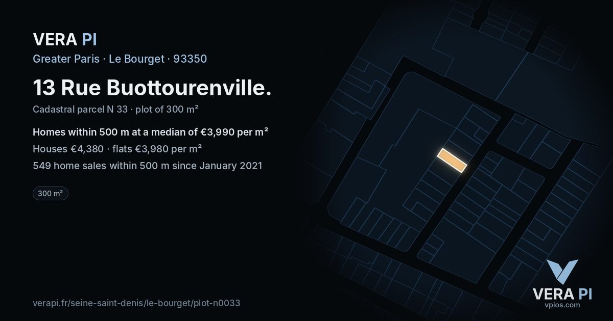 13 Rue Buottourenville, Le Bourget at night – the plot lit, the parcels around coloured by the prices near them