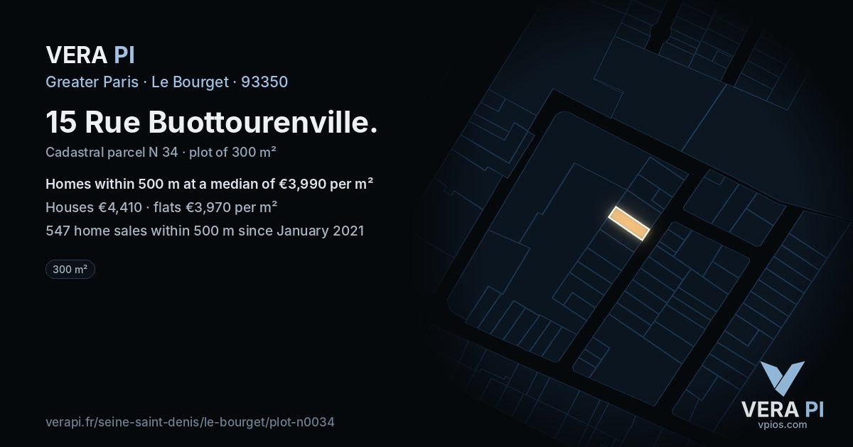 15 Rue Buottourenville, Le Bourget at night – the plot lit, the parcels around coloured by the prices near them