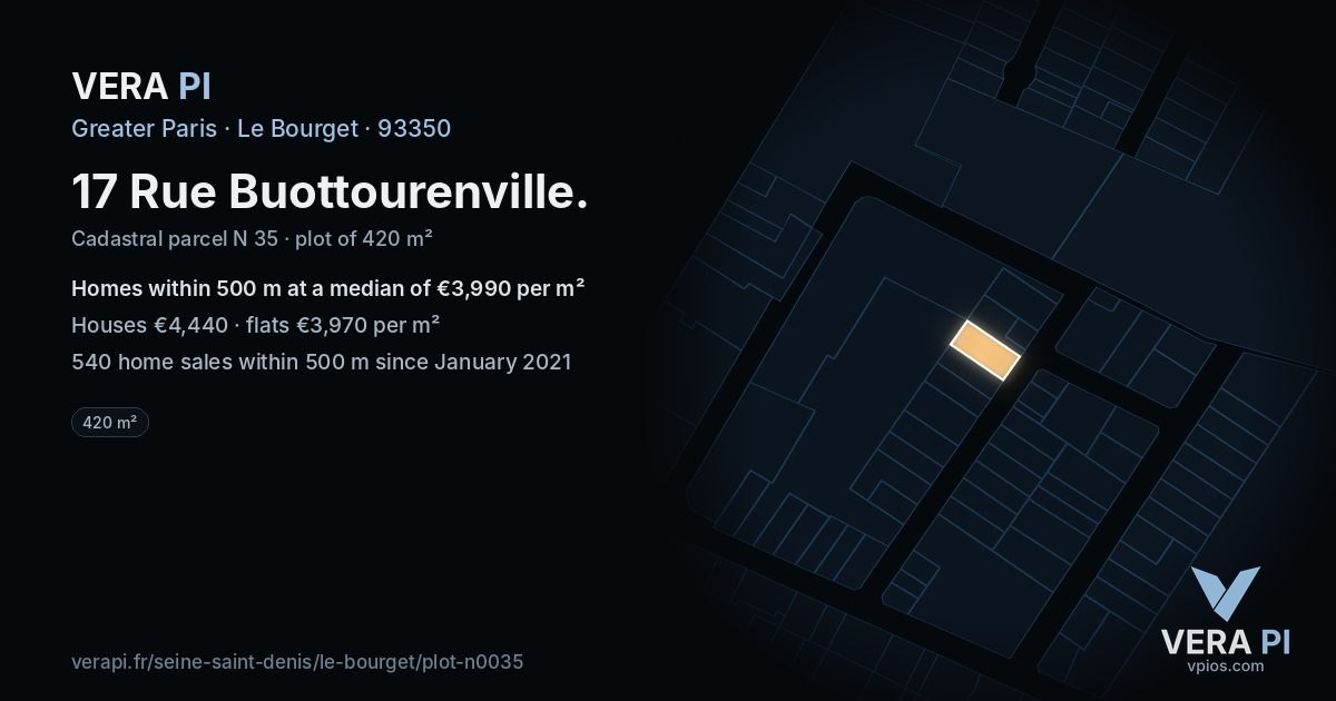 17 Rue Buottourenville, Le Bourget at night – the plot lit, the parcels around coloured by the prices near them