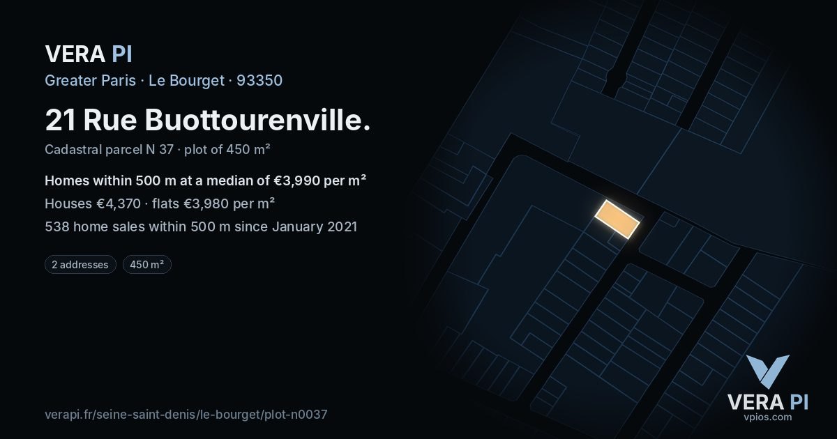 21 Rue Buottourenville, Le Bourget at night – the plot lit, the parcels around coloured by the prices near them