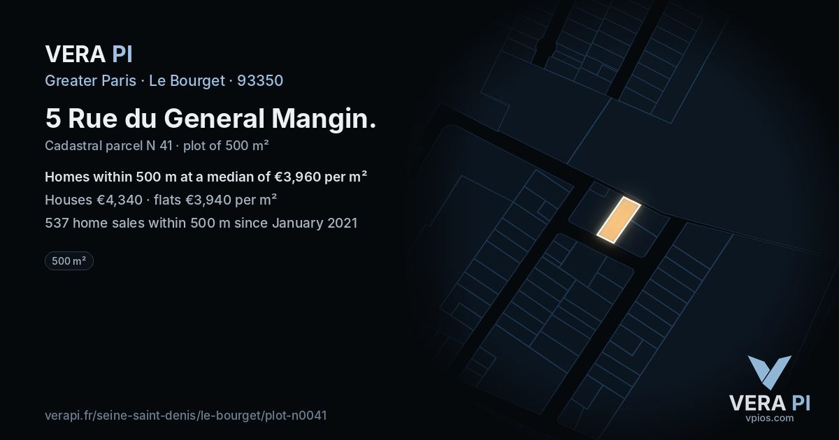 5 Rue du General Mangin, Le Bourget at night – the plot lit, the parcels around coloured by the prices near them