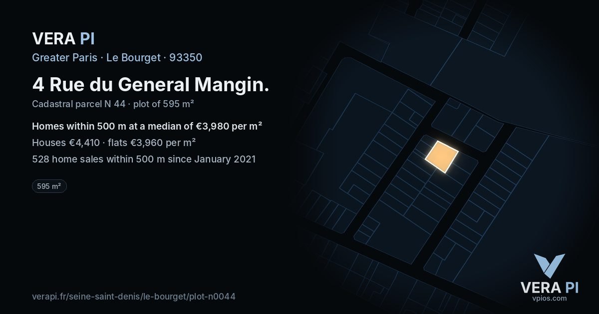 4 Rue du General Mangin, Le Bourget at night – the plot lit, the parcels around coloured by the prices near them