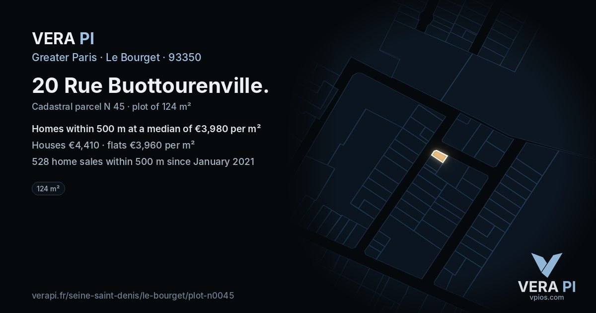 20 Rue Buottourenville, Le Bourget at night – the plot lit, the parcels around coloured by the prices near them