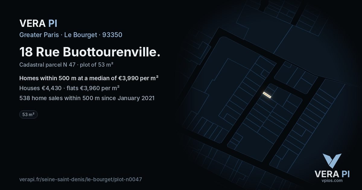 18 Rue Buottourenville, Le Bourget at night – the plot lit, the parcels around coloured by the prices near them