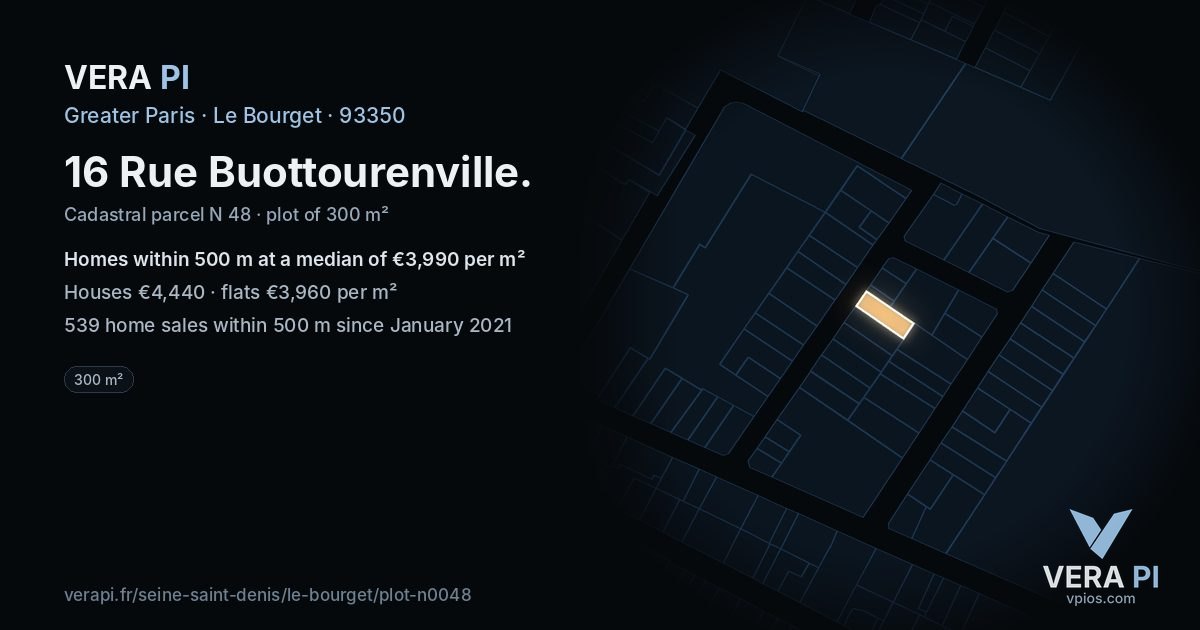 16 Rue Buottourenville, Le Bourget at night – the plot lit, the parcels around coloured by the prices near them