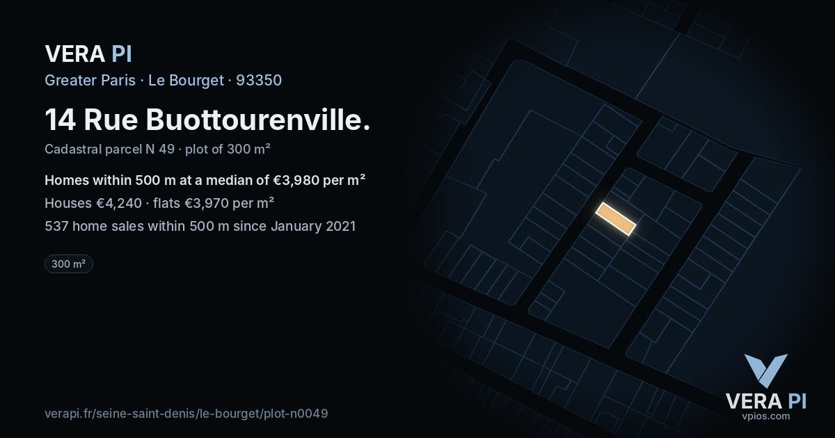 14 Rue Buottourenville, Le Bourget at night – the plot lit, the parcels around coloured by the prices near them