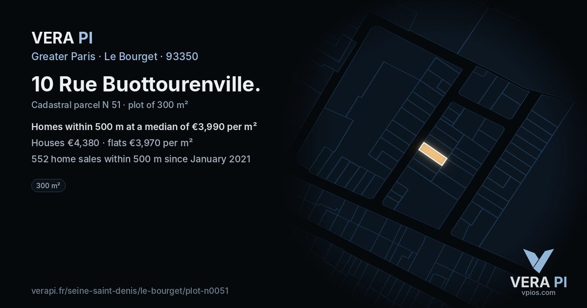 10 Rue Buottourenville, Le Bourget at night – the plot lit, the parcels around coloured by the prices near them