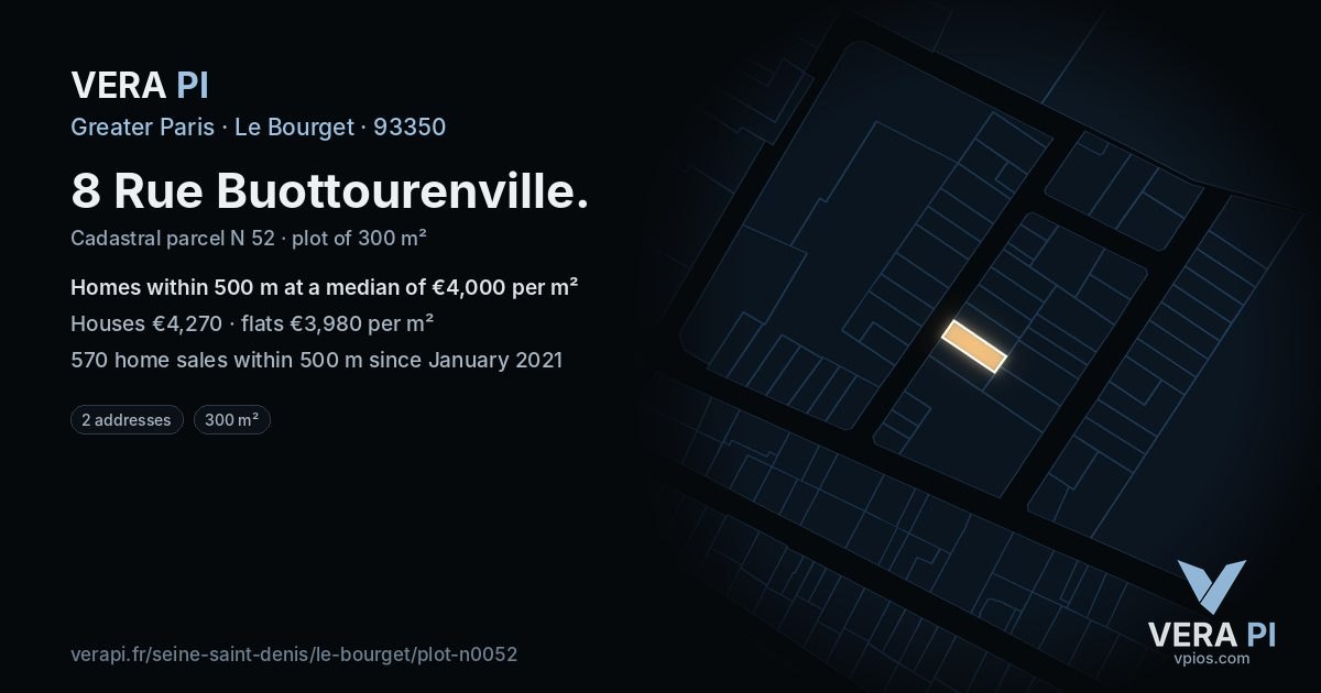 8 Rue Buottourenville, Le Bourget at night – the plot lit, the parcels around coloured by the prices near them