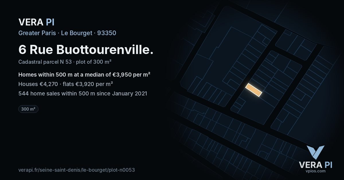 6 Rue Buottourenville, Le Bourget at night – the plot lit, the parcels around coloured by the prices near them