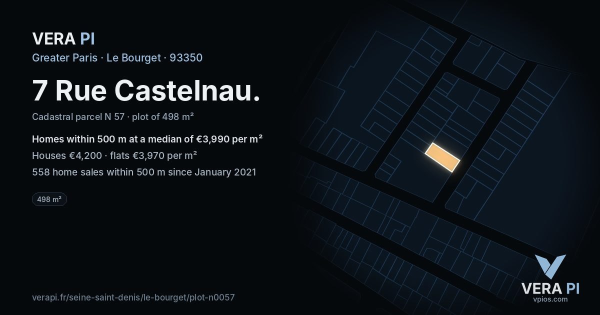 7 Rue Castelnau, Le Bourget at night – the plot lit, the parcels around coloured by the prices near them