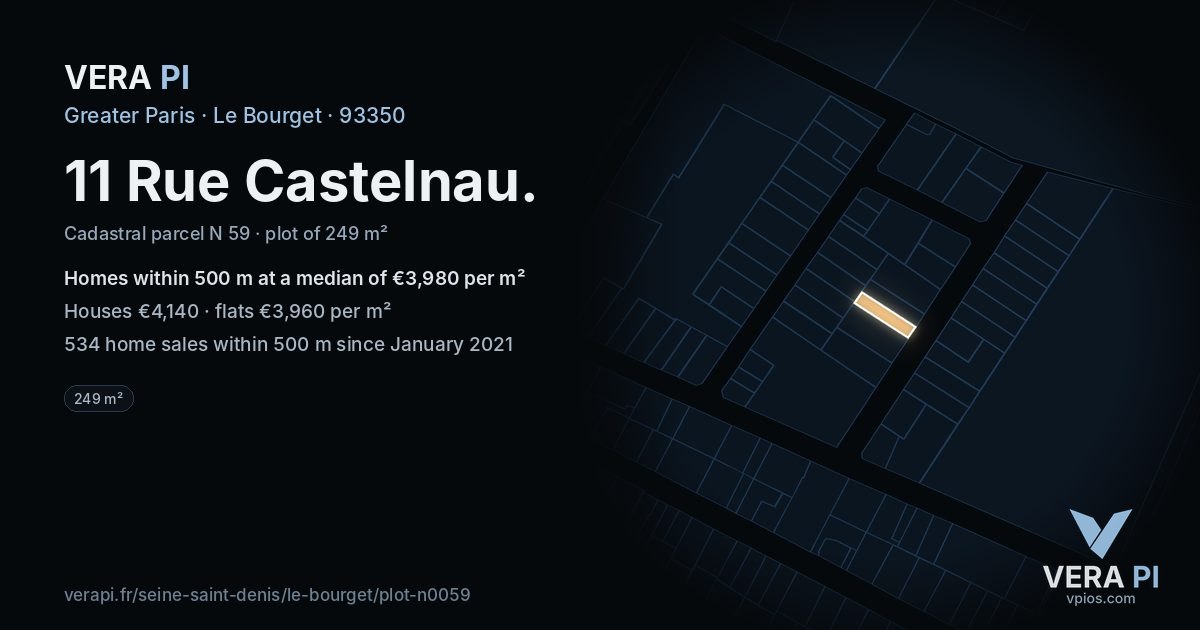 11 Rue Castelnau, Le Bourget at night – the plot lit, the parcels around coloured by the prices near them