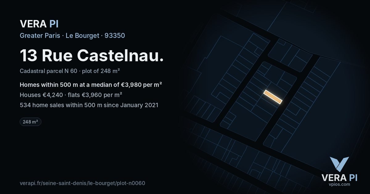 13 Rue Castelnau, Le Bourget at night – the plot lit, the parcels around coloured by the prices near them