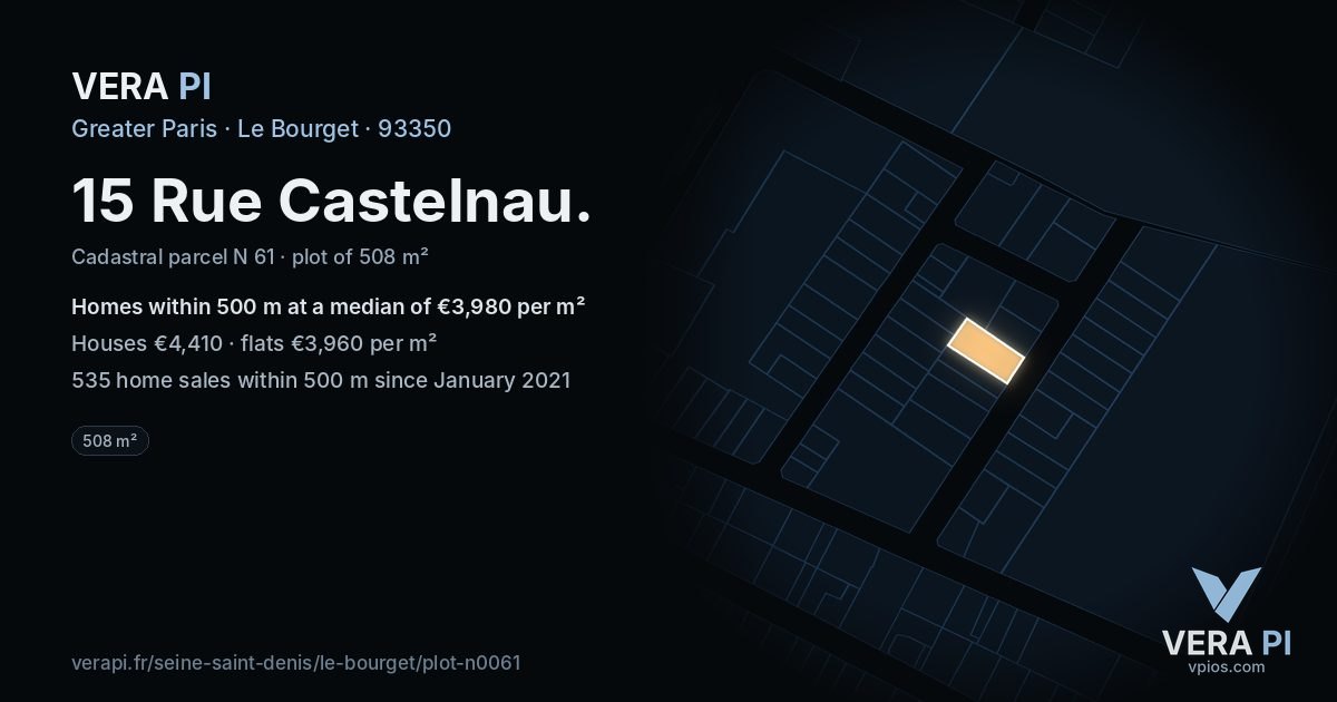 15 Rue Castelnau, Le Bourget at night – the plot lit, the parcels around coloured by the prices near them