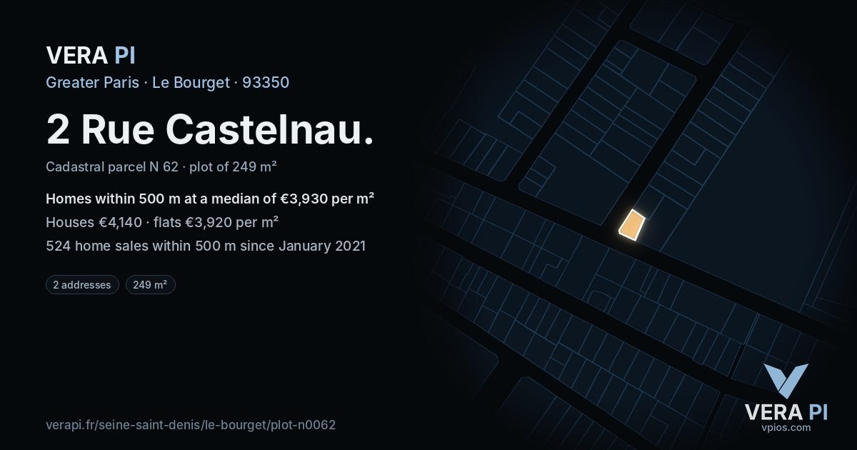 2 Rue Castelnau, Le Bourget at night – the plot lit, the parcels around coloured by the prices near them