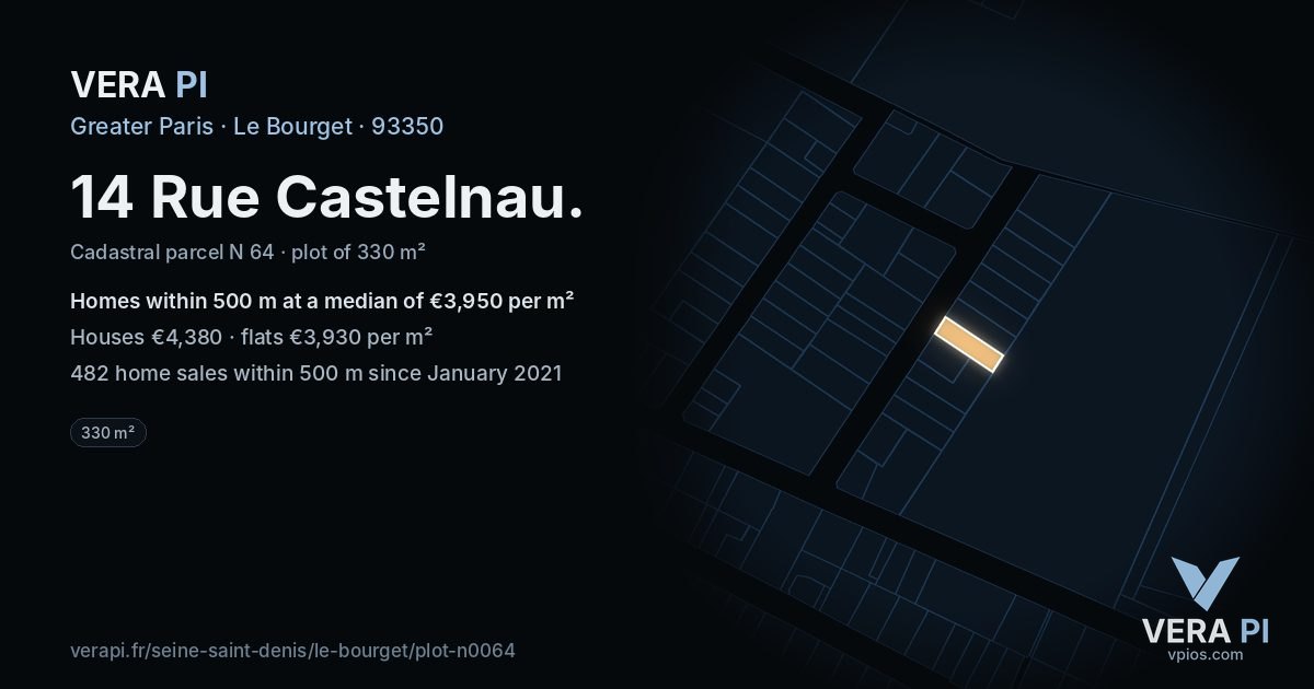 14 Rue Castelnau, Le Bourget at night – the plot lit, the parcels around coloured by the prices near them