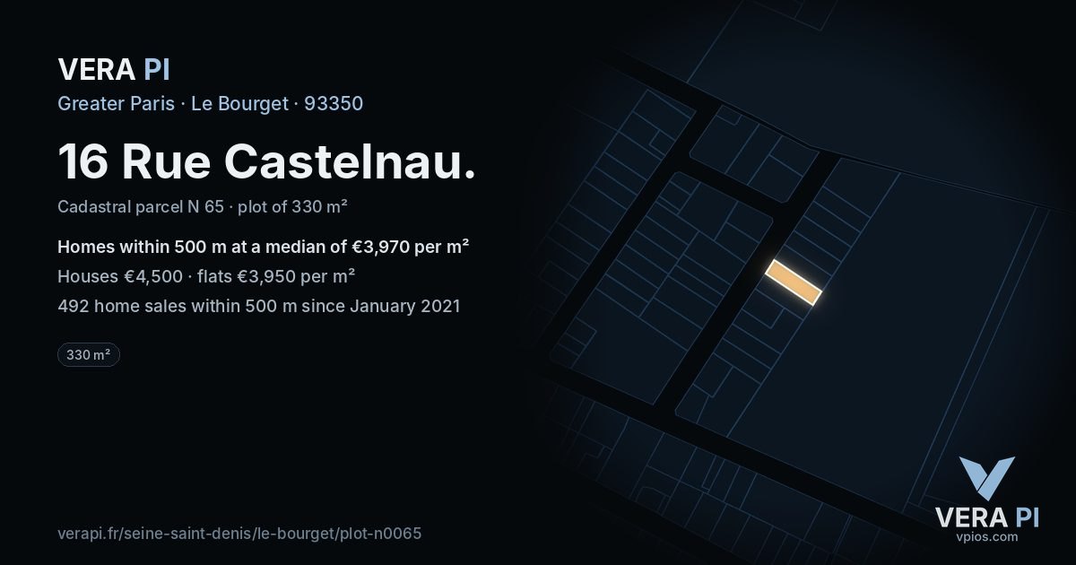 16 Rue Castelnau, Le Bourget at night – the plot lit, the parcels around coloured by the prices near them